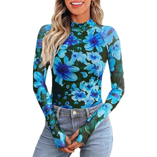 Damen Transparentes Mesh-Longsleeve mit Blumenprint und Stehkragen Shop Nory