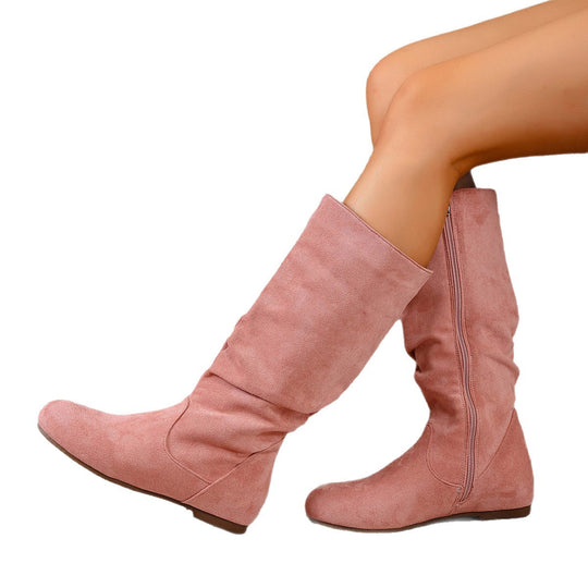 Damen kniehoher Slouch-Stiefel mit seitlichem Reißverschluss und flacher Profilsohle Shop Nory