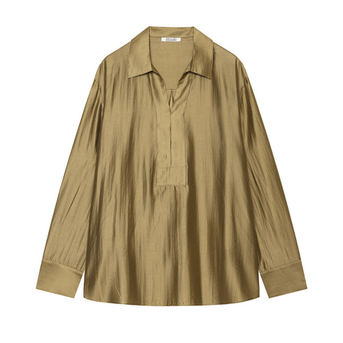Damen Oversize-Satinbluse mit Hemdkragen, verdeckter Knopfleiste und Manschetten Shop Nory