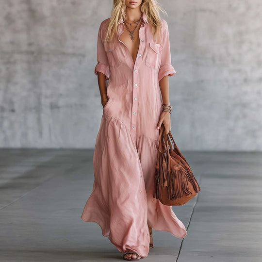 Damen Langes fließendes Hemdblusen-Maxikleid mit Knopfleiste, aufgesetzten Brusttaschen und seitlichen Eingrifftaschen Shop Nory