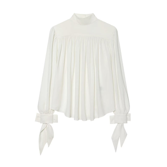 Damen Bluse mit hohem Rollkragen, gerafftem Vorderteil und Schleifenärmeln Shop Nory
