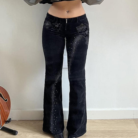 Damen nan ausgestellte Cordhose mit Glitzerstreifen und Blumenstickerei, hoher Bund Shop Nory