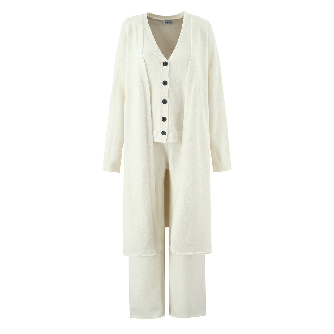 Damen Oversize Strick-Set mit Longcardigan, Knopf-Weste und weiten Hosen Shop Nory