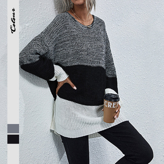 Damen Longline-Grobstrickpullover mit Farbbalken, Rundhalsausschnitt und leicht überschnittener Schulter Shop Nory
