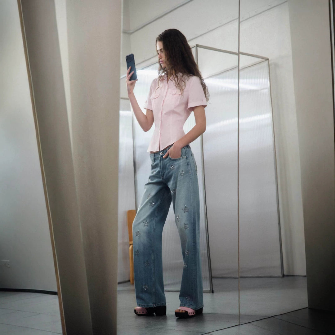 Damen Weite Denim-Jeans mit Sternenbesatz und geradem Bein Shop Nory