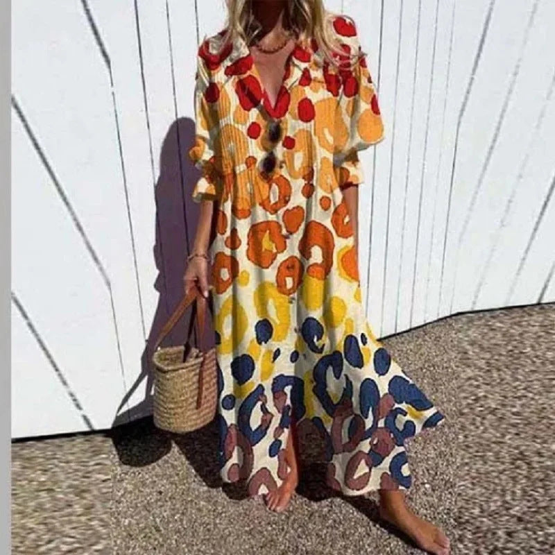 Frauen Fließendes Maxikleid mit Durchgehendem Knopfverschluss V-Ausschnitt und Volksdruck Shop Nory