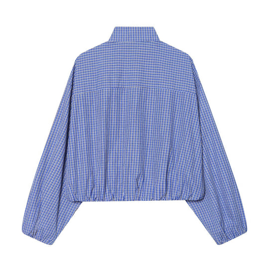 Damen Karo-Cropped-Bluse mit Stehkragen, Ballonärmeln und Tunnelzug Shop Nory