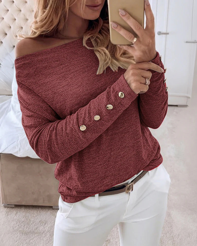 Damen Offshoulder Feinstrickpullover mit Zierknopfleiste an den Ärmeln Shop Nory
