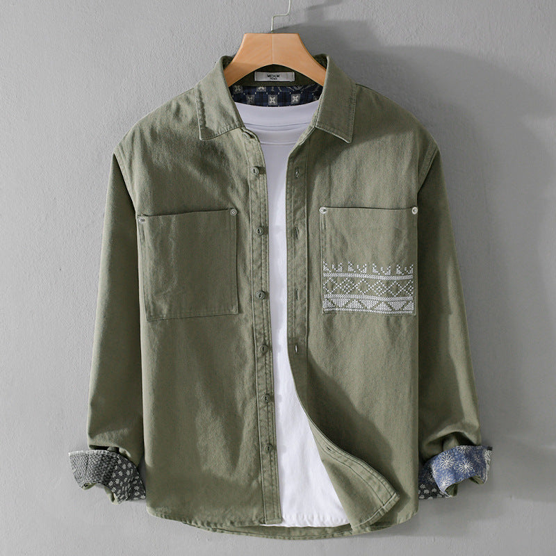 Herren Baumwoll-Overshirt mit Kontrastfutter, Brusttaschen und feiner Stickerei Shop Nory