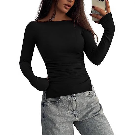 Damen Tailliertes Langarm-Top mit weitem U-Boot-Ausschnitt, Seitlicher Raffung und verlängerten Ärmelbündchen Shop Nory