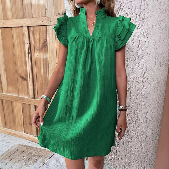 Damen Crinkle-Minikleid mit Stehkragen, V-Ausschnitt und Volantärmeln Shop Nory