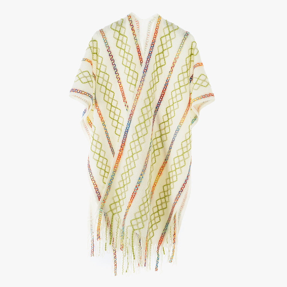 Damen Gewebter Fransenponcho mit V‑Ausschnitt und buntem Reliefjacquard Shop Nory