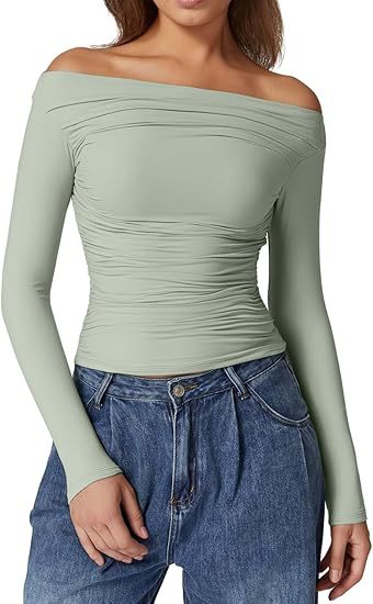 Damen Schulterfreies tailliertes Stretch-Longsleeve mit Raffung und figurbetonter Silhouette Shop Nory