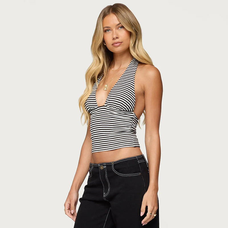 Damen Wickel-Bikinioberteil mit raffiniertem Halter-Design und gestreiftem Muster Shopnory