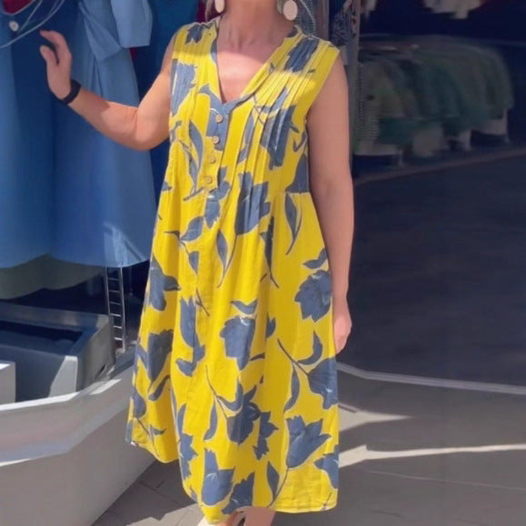 Damen nan lässiges V-Ausschnitt-Midikleid mit Brustpasse, senkrechten Falten und dekorativer Knopfleiste
