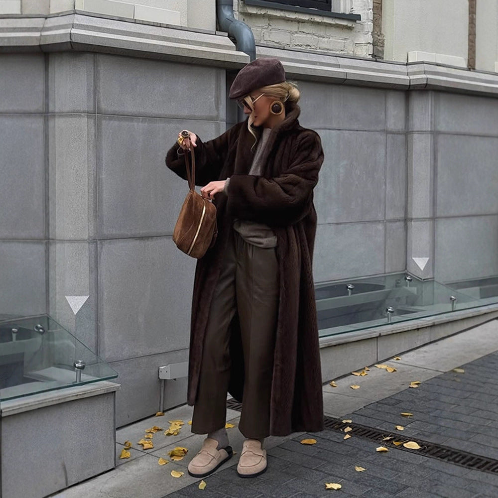 Damen Langer Kunstfellmantel mit Stehkragen und Oversize-Passform Shop Nory