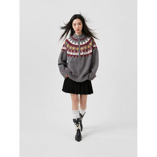 Damen Lässige Strick-Zipjacke mit Jacquard-Yoke und Rippbündchen Shop Nory