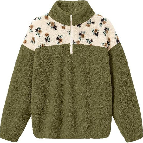 Damen Teddy-Fleece-Pullover mit Stehkragen, floralem Besatz und halbem Reißverschluss Shop Nory