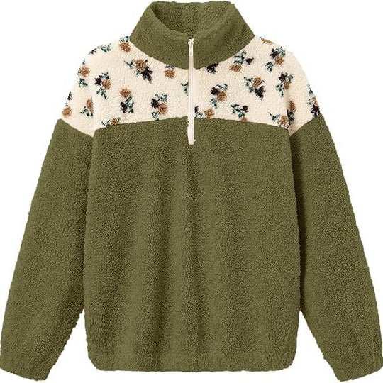 Damen Teddy-Fleece-Pullover mit Stehkragen, floralem Besatz und halbem Reißverschluss Shop Nory