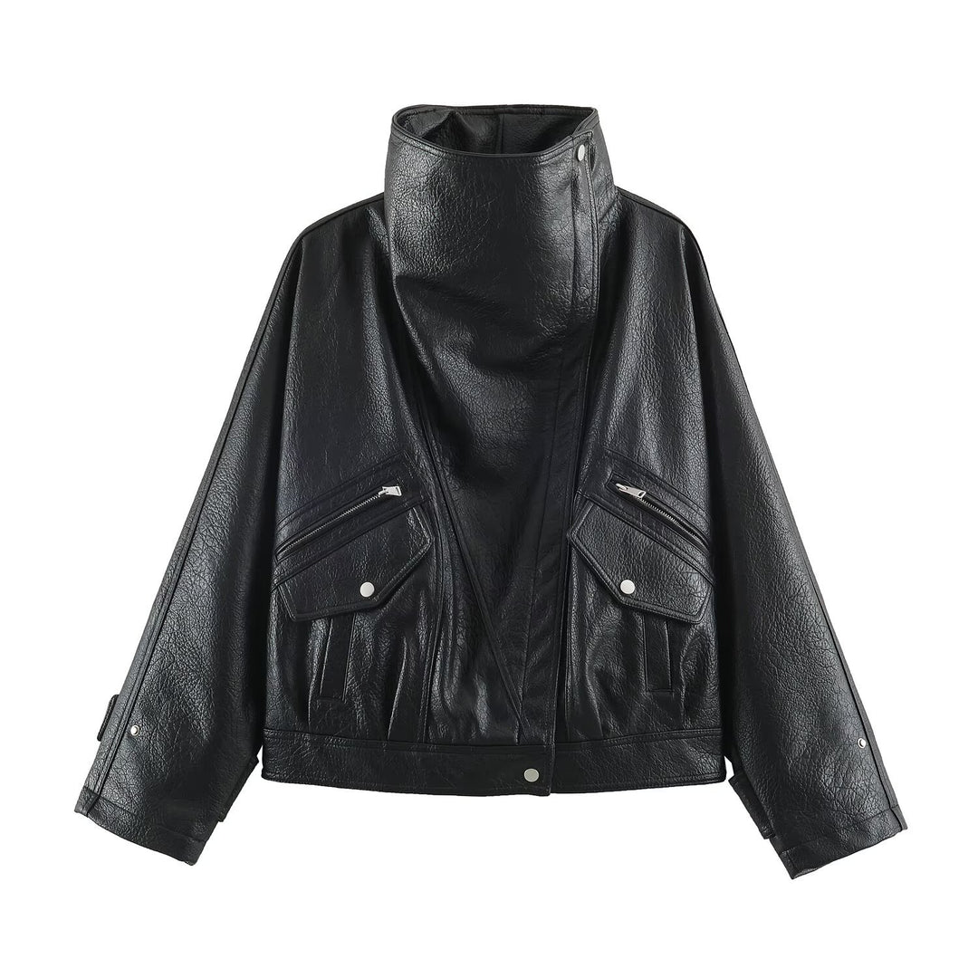 Damen Oversized Kunstleder-Capejacke mit hohem Stehkragen und Pattentaschen Shop Nory