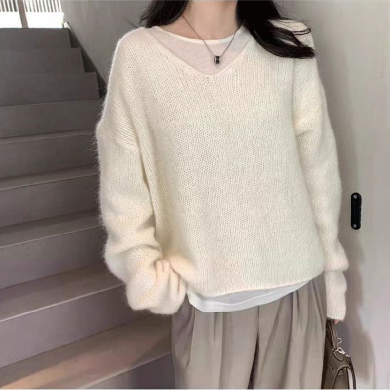 Damen Oversize V‑Ausschnitt Mohair‑Look Pullover mit Angora‑Optik und überschnittener Schulter Shop Nory