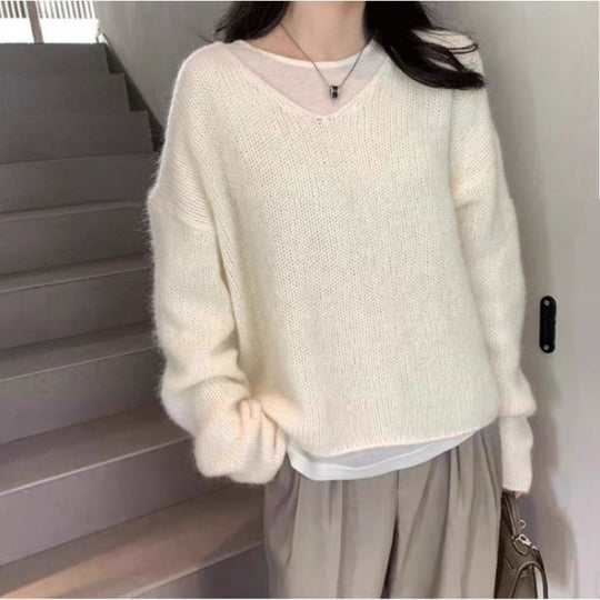 Damen Oversize V‑Ausschnitt Mohair‑Look Pullover mit Angora‑Optik und überschnittener Schulter Shop Nory