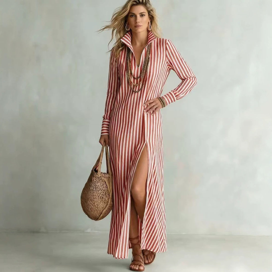 Damen Langes Hemdkleid im Streifen-Look mit Kragen, langen Ärmeln und hohem Beinschlitz Shop Nory