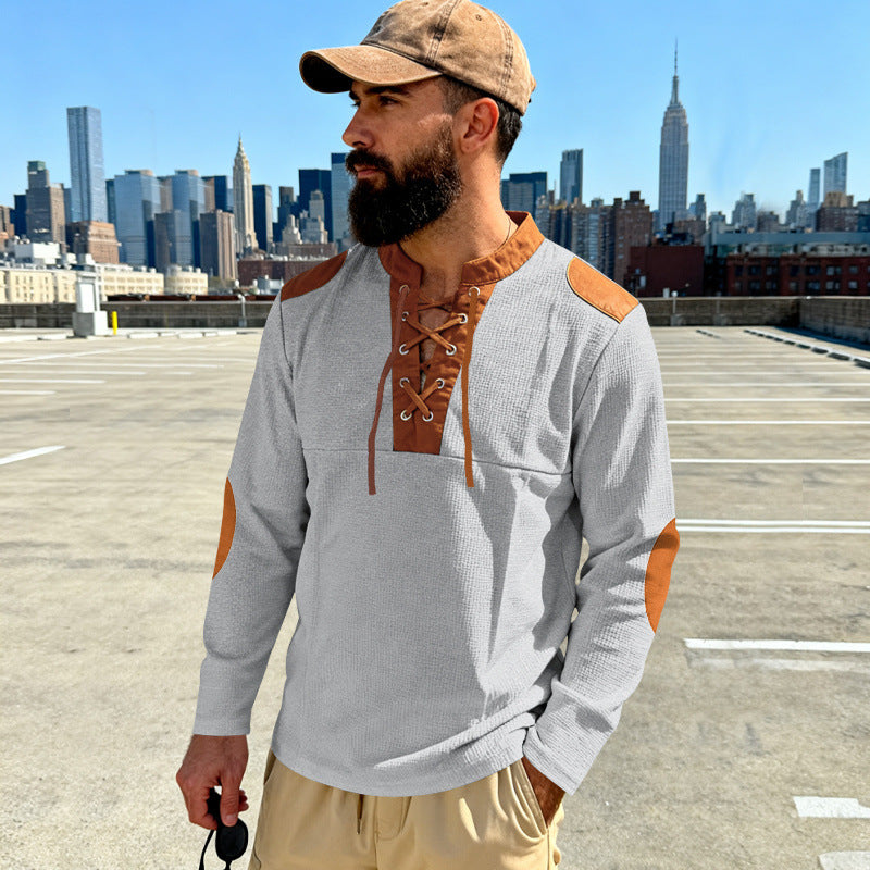 Herren Waffelstrick-Langarmshirt mit Schnürung und Kunstvelours-Ellbogenpatches Shop Nory