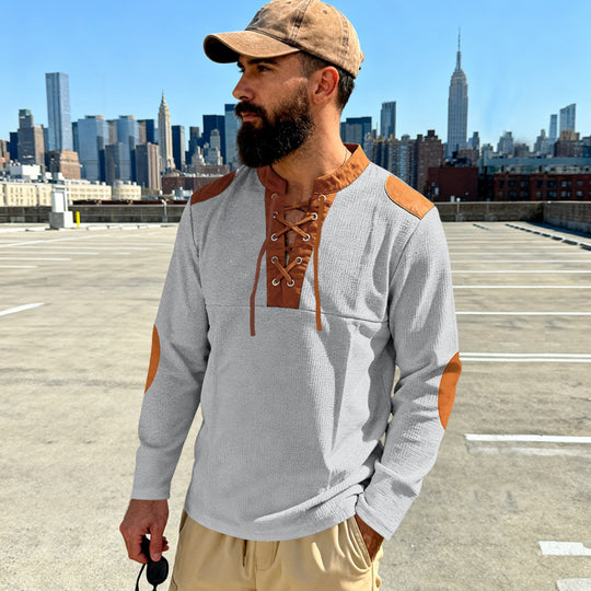Herren Waffelstrick-Langarmshirt mit Schnürung und Kunstvelours-Ellbogenpatches Shop Nory