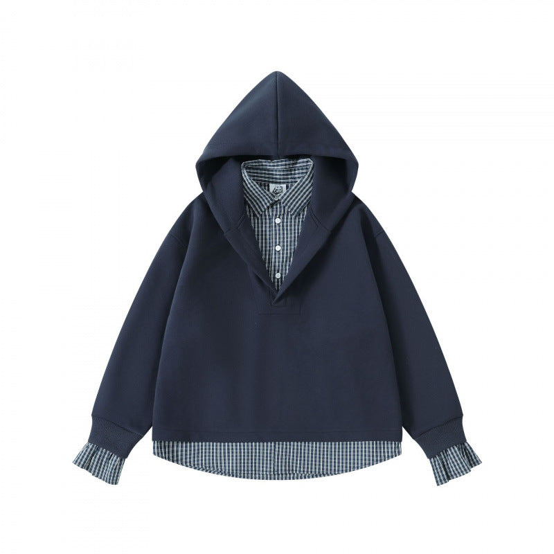 Damen Layering-Hoodie mit eingesetztem Hemdkragen, karierter Saum- und Manschettenoptik Shop Nory