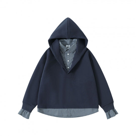 Damen Layering-Hoodie mit eingesetztem Hemdkragen, karierter Saum- und Manschettenoptik Shop Nory