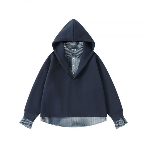 Damen Layering-Hoodie mit eingesetztem Hemdkragen, karierter Saum- und Manschettenoptik Shop Nory
