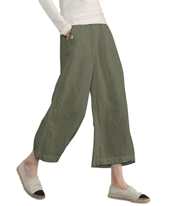 Damen weite Leinenhose mit seitlichen Taschen und elastischem Bund