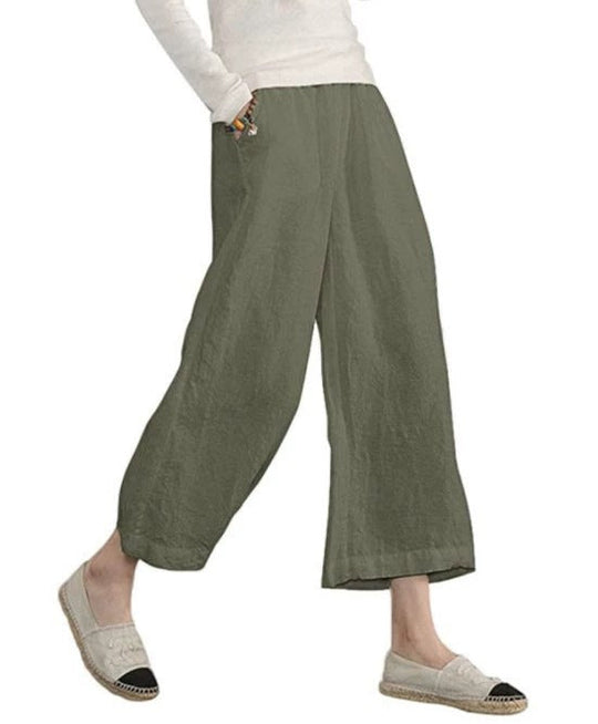 Damen weite Leinenhose mit seitlichen Taschen und elastischem Bund