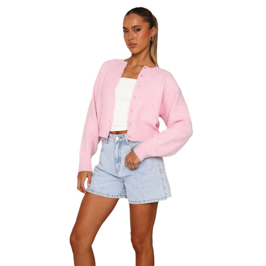Damen Kurzgeschnittene Strickjacke mit verdeckter Knopfleiste und Ballonärmeln Shop Nory