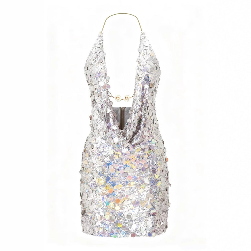 Damen Glitzerndes Minikleid mit tiefem V-Ausschnitt und Troddel-Applikationen Shopnory