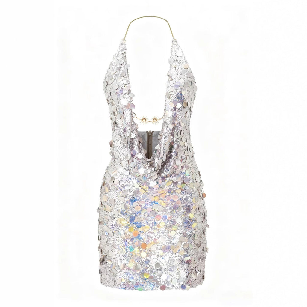 Damen Glitzerndes Minikleid mit tiefem V-Ausschnitt und Troddel-Applikationen Shopnory