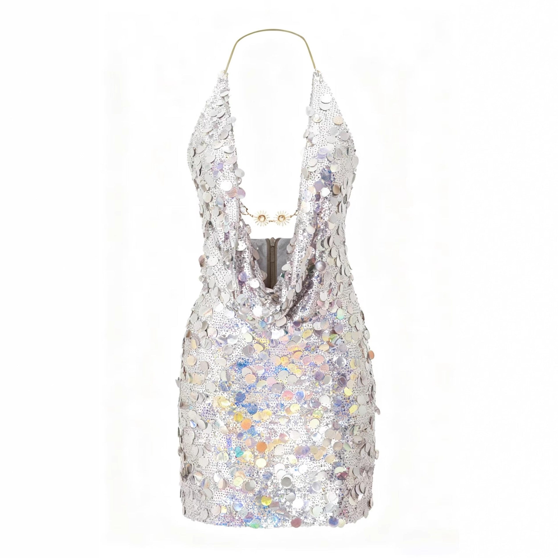 Damen Glitzerndes Minikleid mit tiefem V-Ausschnitt und Troddel-Applikationen Shopnory