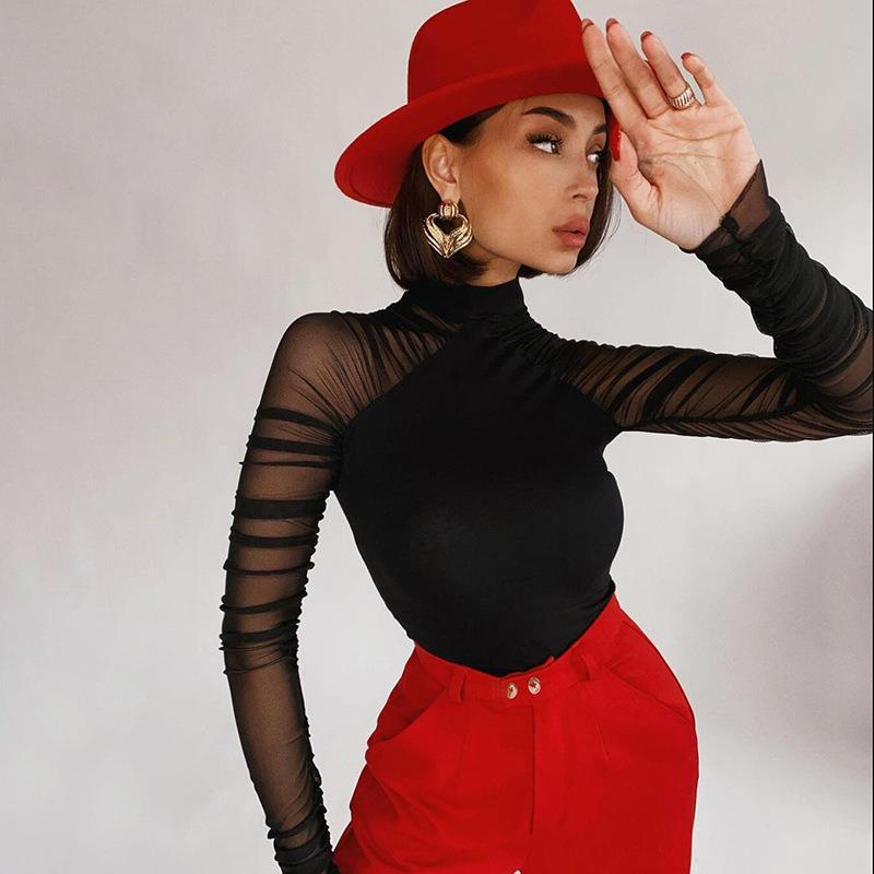 Damen Eleganter Langarm-Bodysuit mit transparenter Raffung