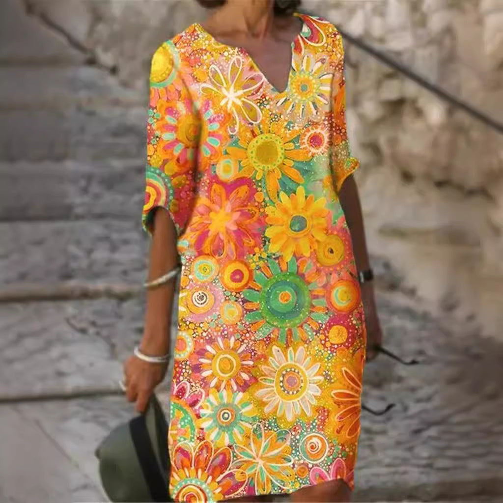 Damen lässiges Freizeitkleid mit floralen Mustern und V-Ausschnitt Shopnory
