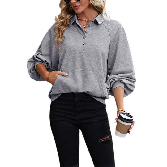 Damen Polokragen-Sweatshirt mit Knopfleiste, Raglanärmeln und Kängurutasche Shop Nory