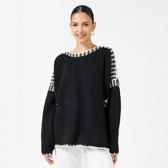 Damen Oversize Grobstrickpullover mit Kontraststreifen an Schultern und Saum Shop Nory