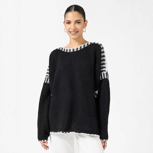 Damen Oversize Grobstrickpullover mit Kontraststreifen an Schultern und Saum Shop Nory