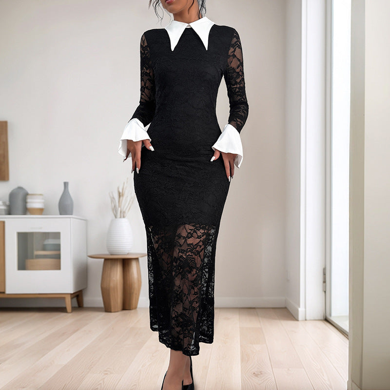 Damen Figurbetontes Midi-Spitzekleid mit kontrastierendem Hemdkragen Shop Nory