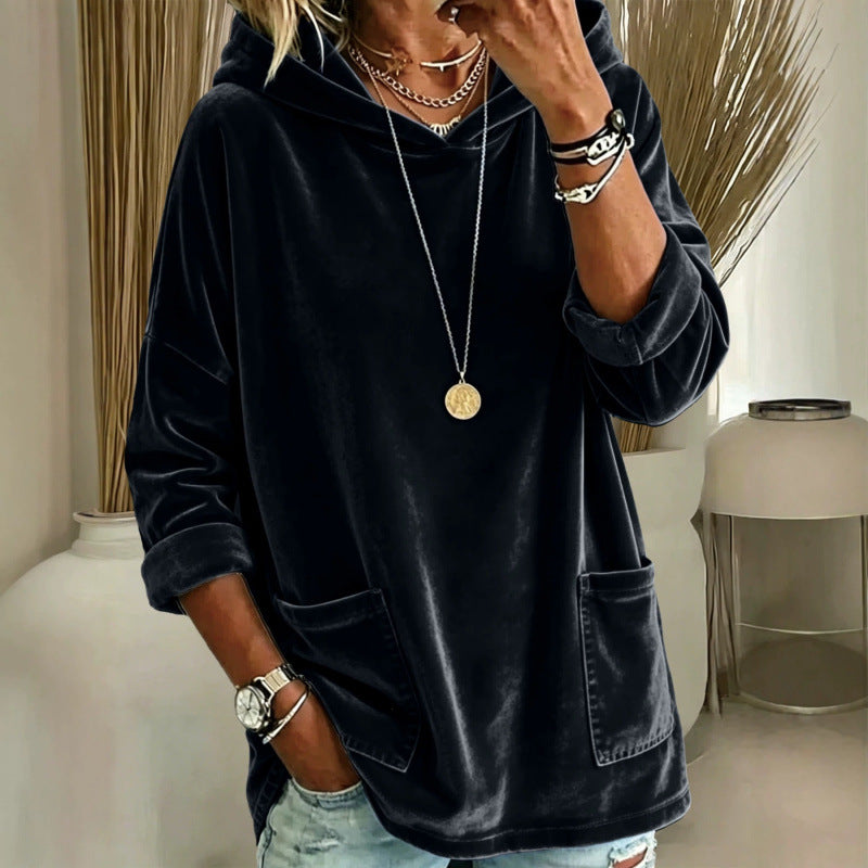 Damen Samt-Hoodie mit Kapuze, Oversize-Schnitt und aufgesetzten Taschen Shop Nory