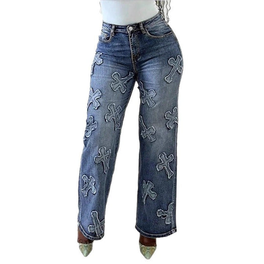 Damen Hochtaillierte Straight‑Leg‑Jeans mit Fransen‑Kreuz‑Applikationen Shop Nory