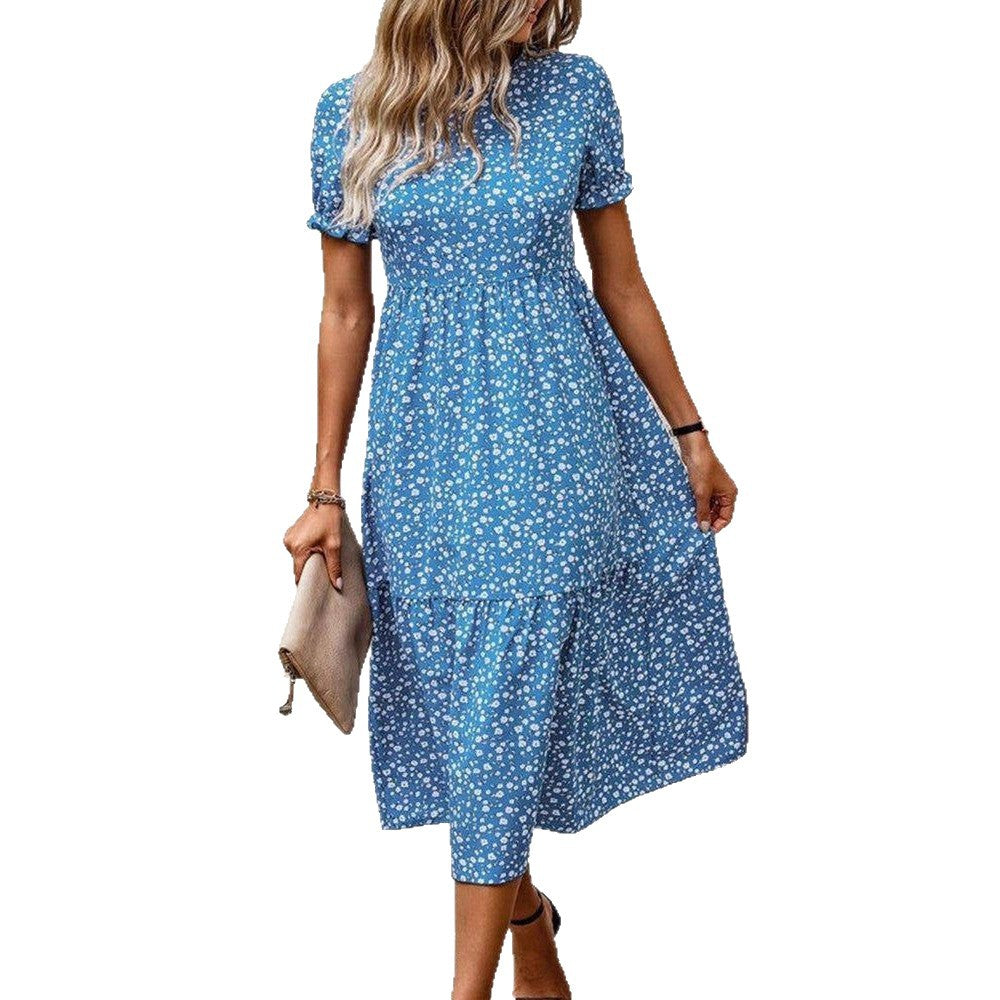 Damen nan ausgestelltes Midikleid mit hohem Rundhalsausschnitt, Puffärmeln, geraffter Empire-Taille und Stufensaum