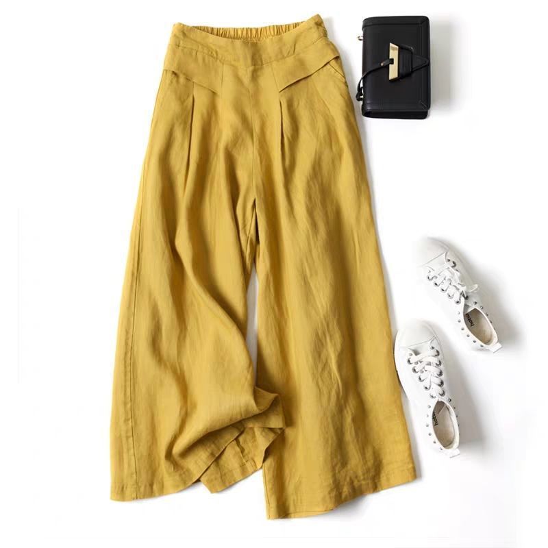 Damen Weit geschnittene Leinenhose mit hohem Bund und eleganten Falten
