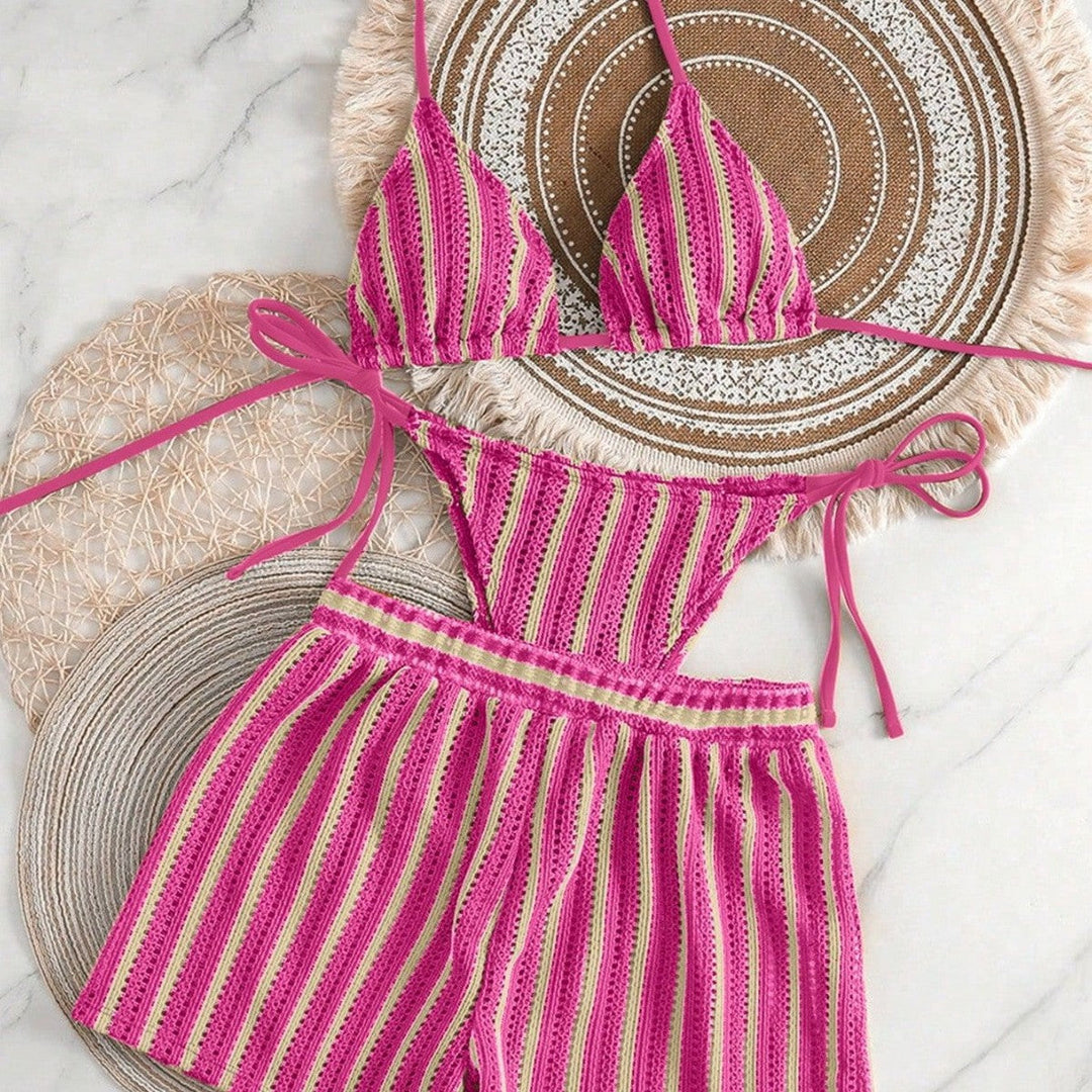Damen Bikini-Set mit gerafftem Oberteil und hoch taillierten Shorts