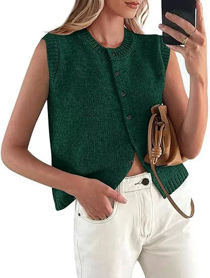 Damen lässige Strickweste mit Knopfleiste und Rundhalsausschnitt